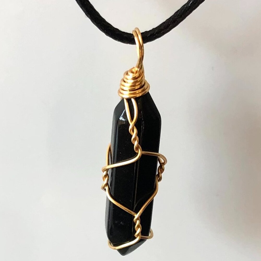 Black Obsidian Natural Gemstone Hexagonal Point Gold Wire Wrapped Pendant - Picture 3 of 3